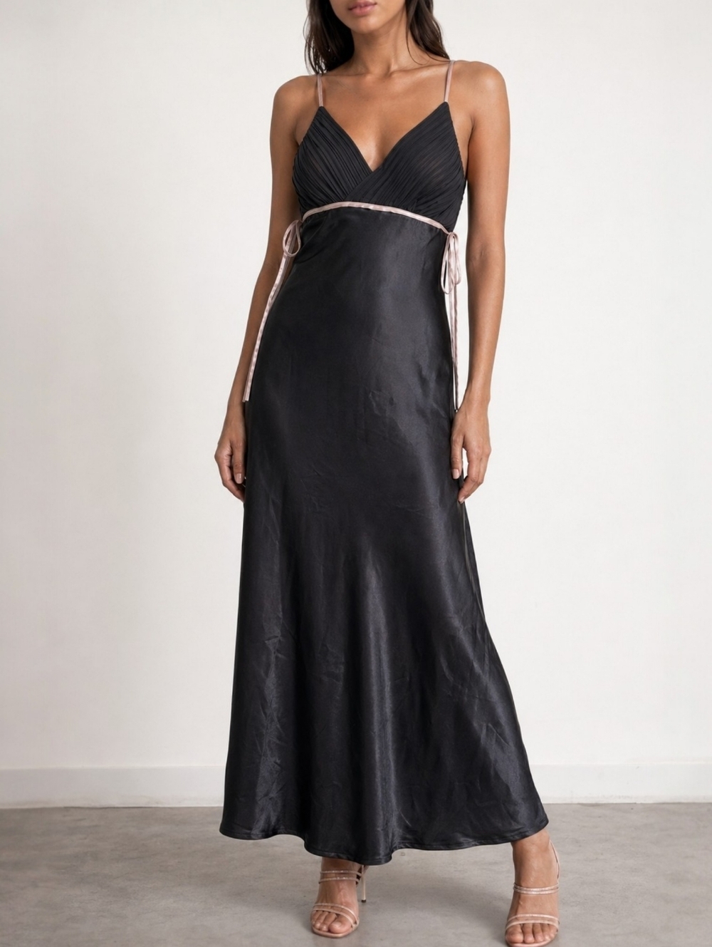Better: La Vie en Rose Y2K Satin Slip Dress Pleated Bust Empire Waist Maxi S